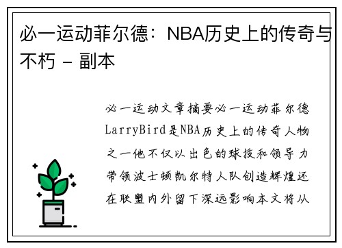 必一运动菲尔德：NBA历史上的传奇与不朽 - 副本