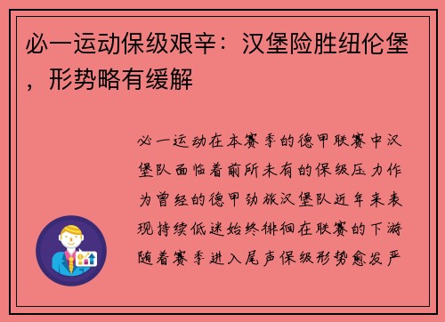 必一运动保级艰辛：汉堡险胜纽伦堡，形势略有缓解